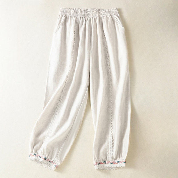 Buddha Stones Casual Plain Lace Side Design 7-8 Length Cotton Linen Women's Harem Pants With Pockets - image 18