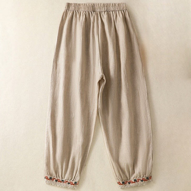 Buddha Stones Casual Plain Lace Side Design 7-8 Length Cotton Linen Women's Harem Pants With Pockets - image 2
