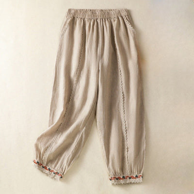 Buddha Stones Casual Plain Lace Side Design 7-8 Length Cotton Linen Women's Harem Pants With Pockets - PaleGoldenrod - US8-10，UK/AU12-14，EU40-42 (2XL) - image 1