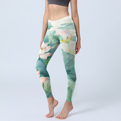 Buddha Stones Lotus Flowers Leaves Lotus Pods Pattern Print Gym Leggings Women's Yoga Pants - MintCream - US18，UK/AU22，EU50 (4XL) - image 1