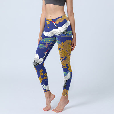 Buddha Stones Flying Red-Crowned Crane Pine Tree Flower Pattern Print Gym Leggings Women's Yoga Pants - MediumBlue - US18，UK/AU22，EU50 (4XL) - image 1