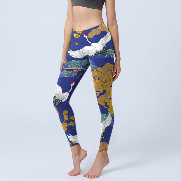 Buddha Stones Flying Red-Crowned Crane Pine Tree Flower Pattern Print Gym Leggings Women's Yoga Pants - MediumBlue - US18，UK/AU22，EU50 (4XL) - image 1