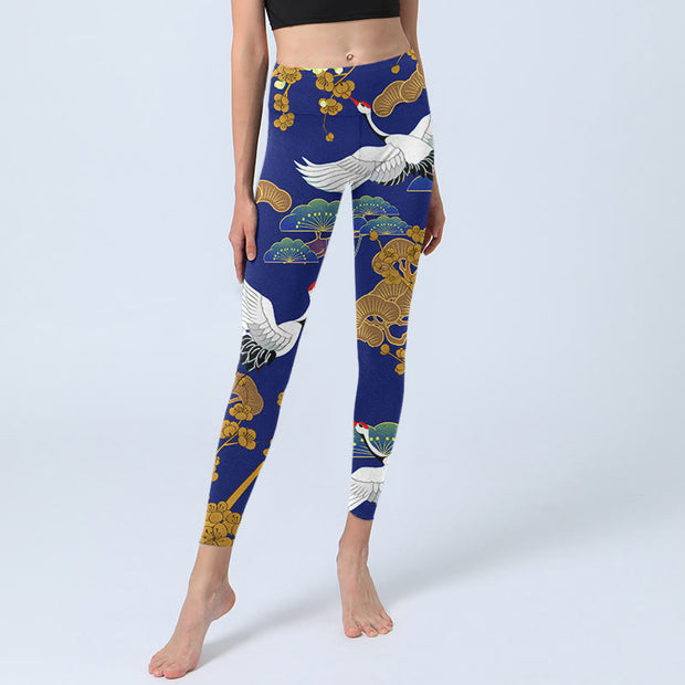 Buddha Stones Flying Red-Crowned Crane Pine Tree Flower Pattern Print Gym Leggings Women's Yoga Pants - image 6