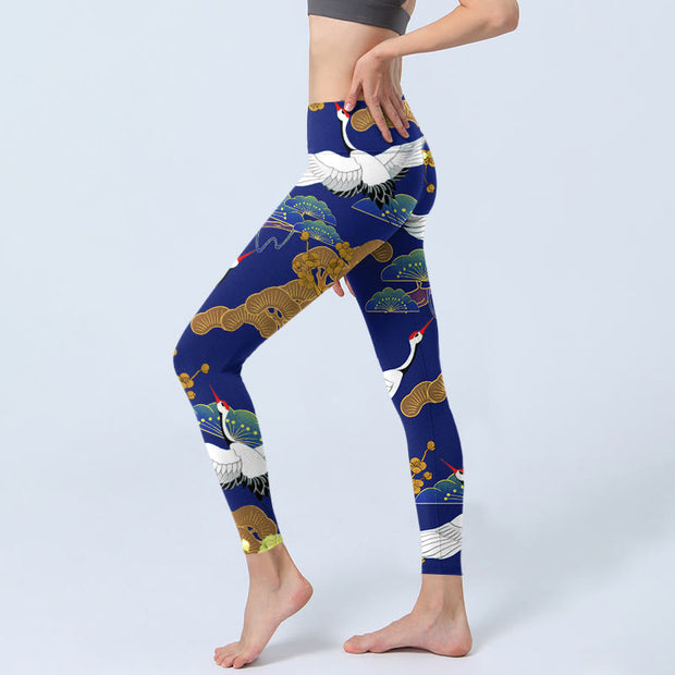 Buddha Stones Flying Red-Crowned Crane Pine Tree Flower Pattern Print Gym Leggings Women's Yoga Pants - image 3