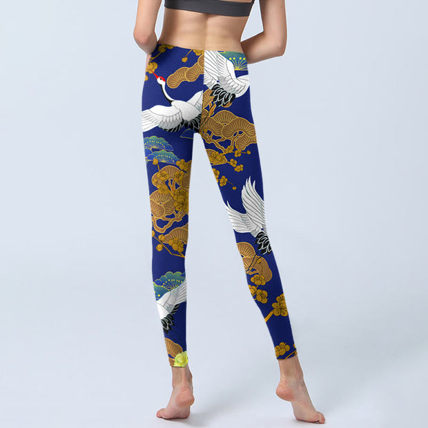 Buddha Stones Flying Red-Crowned Crane Pine Tree Flower Pattern Print Gym Leggings Women's Yoga Pants - image 7