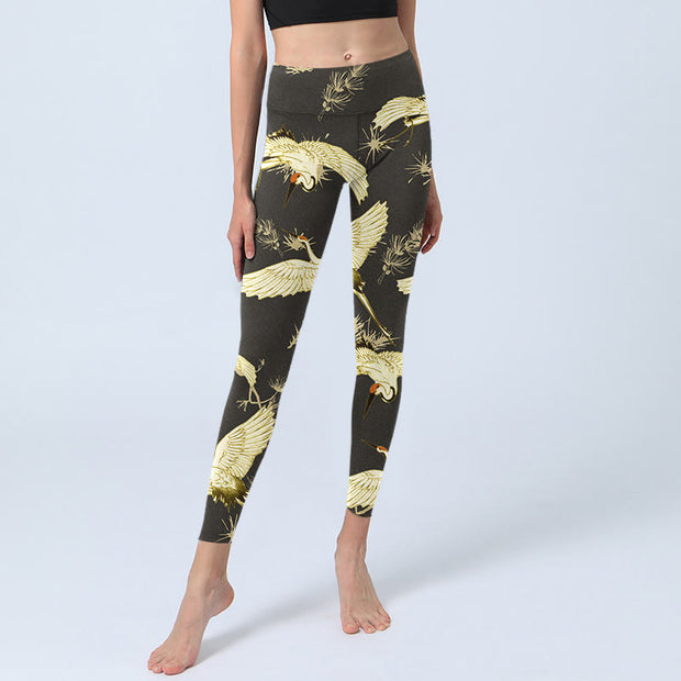 Buddha Stones Flying Red-crowned Crane Branch Pine Needles Pattern Print Gym Leggings Women's Yoga Pants - image 6