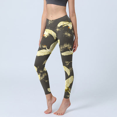 Buddha Stones Flying Red-crowned Crane Branch Pine Needles Pattern Print Gym Leggings Women's Yoga Pants - Black - US18，UK/AU22，EU50 (4XL) - image 1