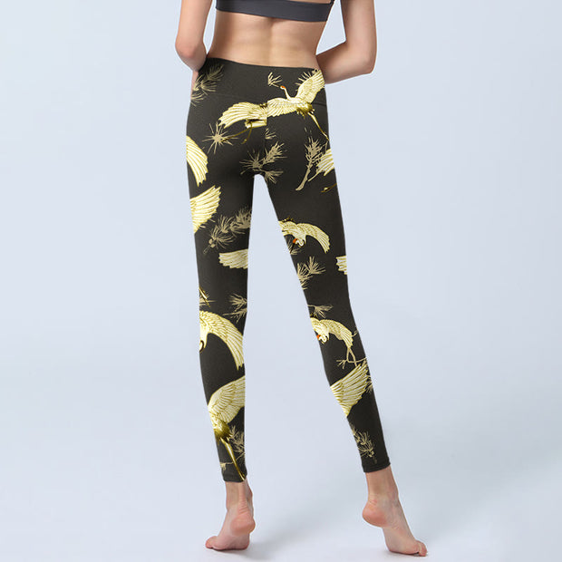 Buddha Stones Flying Red-crowned Crane Branch Pine Needles Pattern Print Gym Leggings Women's Yoga Pants - image 7