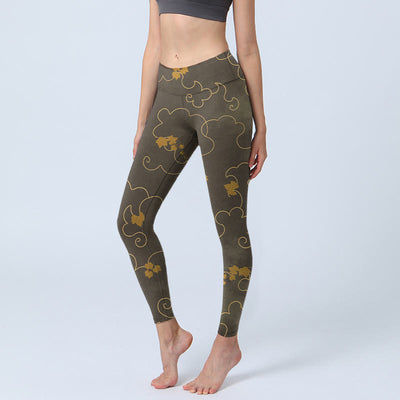 Buddha Stones Auspicious Cloud Maple Leaf Pattern Print Gym Leggings Women's Yoga Pants - SaddleBrown - US18，UK/AU22，EU50 (4XL) - image 1