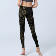 Buddha Stones Rose Flower Leaves Golden Line Pattern Print Gym Leggings Women's Yoga Pants - image 7