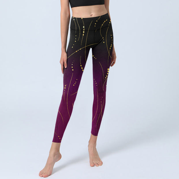 Buddha Stones Abstract Gradient Thin And Long Gold Line Pattern Print Gym Leggings Women's Yoga Pants - image 6