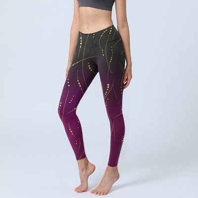 Buddha Stones Abstract Gradient Thin And Long Gold Line Pattern Print Gym Leggings Women's Yoga Pants - Purple - US18，UK/AU22，EU50 (4XL) - image 1