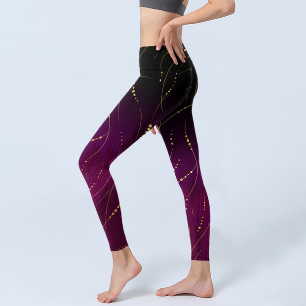 Buddha Stones Abstract Gradient Thin And Long Gold Line Pattern Print Gym Leggings Women's Yoga Pants - image 3