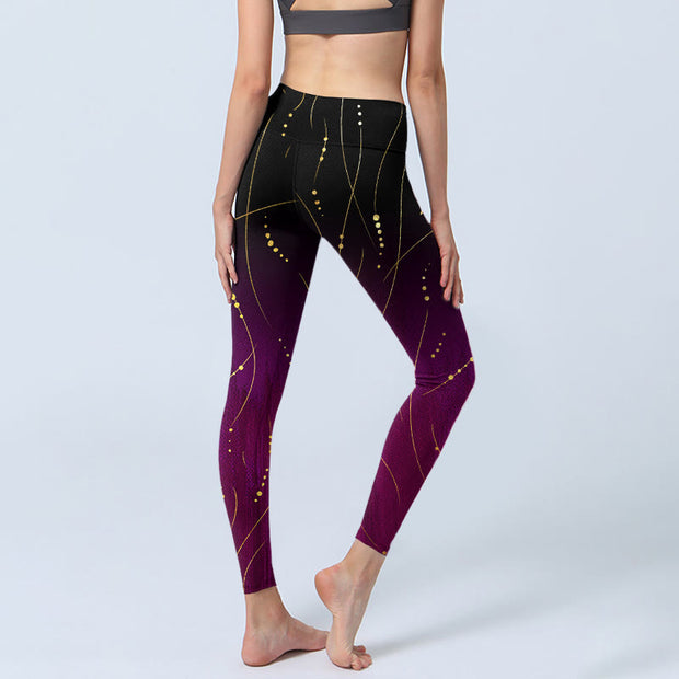 Buddha Stones Abstract Gradient Thin And Long Gold Line Pattern Print Gym Leggings Women's Yoga Pants - image 4