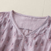 Buddha Stones Casual Shooting Star Embroidery V-Neck Half Sleeve Cotton Linen Women's Shirt