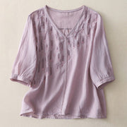 Buddha Stones Casual Shooting Star Embroidery V-Neck Half Sleeve Cotton Linen Women's Shirt