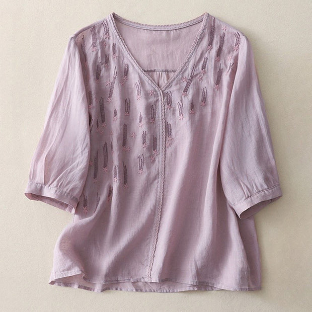 Buddha Stones Casual Shooting Star Embroidery V-Neck Half Sleeve Cotton Linen Women's Shirt