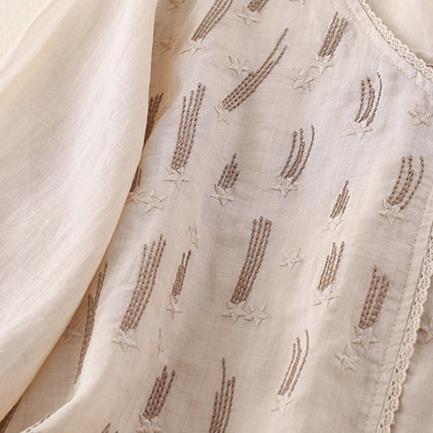 Buddha Stones Casual Shooting Star Embroidery V-Neck Half Sleeve Cotton Linen Women's Shirt