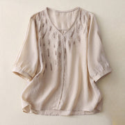 Buddha Stones Casual Shooting Star Embroidery V-Neck Half Sleeve Cotton Linen Women's Shirt
