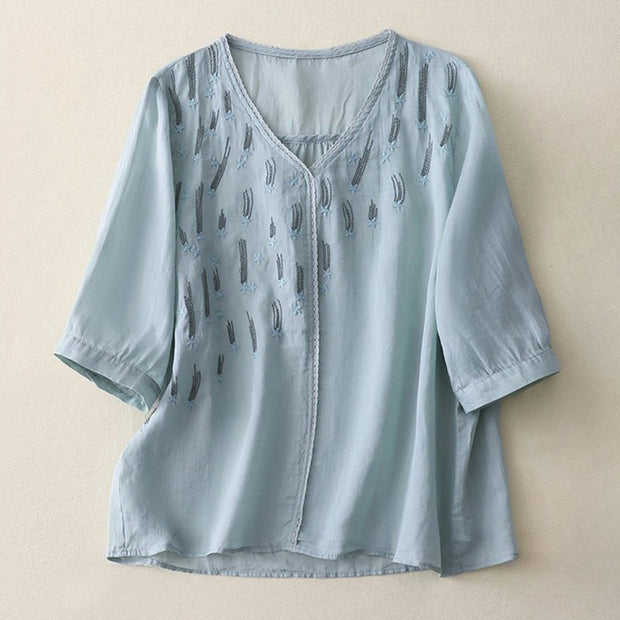 Buddha Stones Casual Shooting Star Embroidery V-Neck Half Sleeve Cotton Linen Women's Shirt