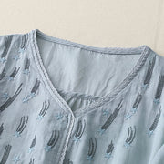 Buddha Stones Casual Shooting Star Embroidery V-Neck Half Sleeve Cotton Linen Women's Shirt