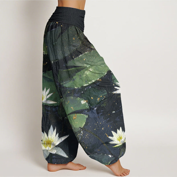 Buddha Stones Casual Lotus Leaves On The Lake Pattern Women's Elastic Waist Harem Pants - image 2