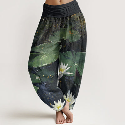 Buddha Stones Casual Lotus Leaves On The Lake Pattern Women's Elastic Waist Harem Pants - Green - US22，UK/AU26，EU54 (6XL) - image 1