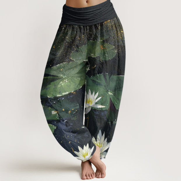 Buddha Stones Casual Lotus Leaves On The Lake Pattern Women's Elastic Waist Harem Pants - Green - US22，UK/AU26，EU54 (6XL) - image 1