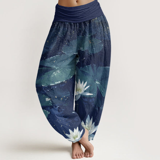 Buddha Stones Casual Lotus Leaves On The Lake Pattern Women's Elastic Waist Harem Pants - DarkBlue - US22，UK/AU26，EU54 (6XL) - image 5