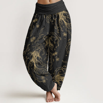 Buddha Stones Casual Koi Fish Waves And Petal Line Pattern Women's Elastic Waist Harem Pants - Black - US22，UK/AU26，EU54 (6XL) - image 1