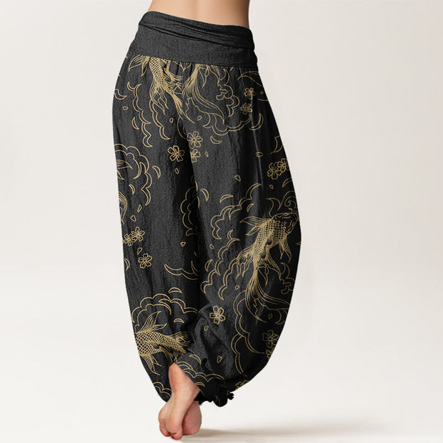 Buddha Stones Casual Koi Fish Waves And Petal Line Pattern Women's Elastic Waist Harem Pants - image 3