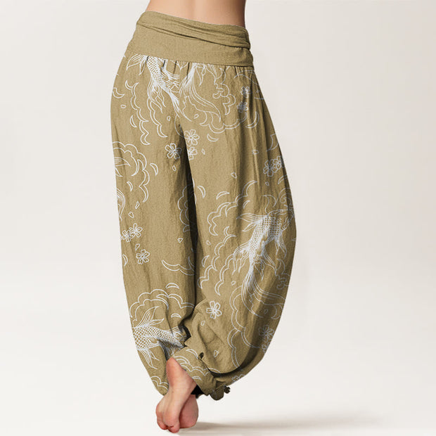 Buddha Stones Casual Koi Fish Waves And Petal Line Pattern Women's Elastic Waist Harem Pants - image 7