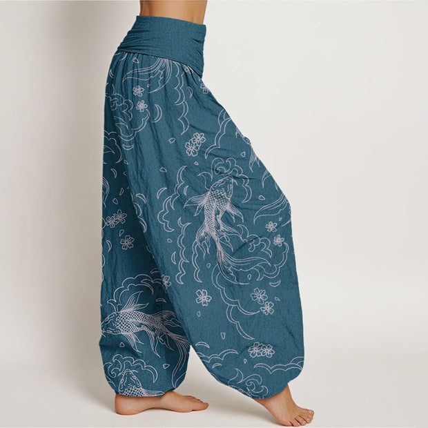 Buddha Stones Casual Koi Fish Waves And Petal Line Pattern Women's Elastic Waist Harem Pants - image 9