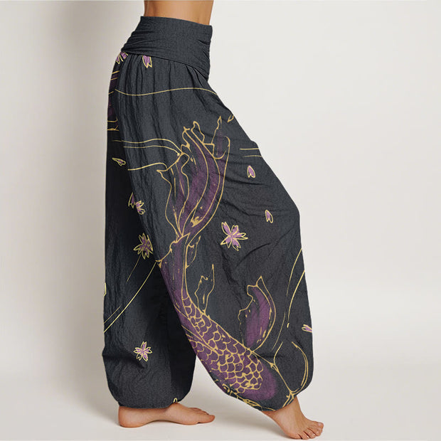Buddha Stones Casual Koi Fish Cherry Blossom Petal Pattern Women's Elastic Waist Harem Pants - image 2