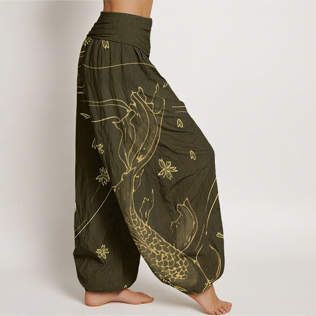 Buddha Stones Casual Koi Fish Cherry Blossom Petal Pattern Women's Elastic Waist Harem Pants - image 6