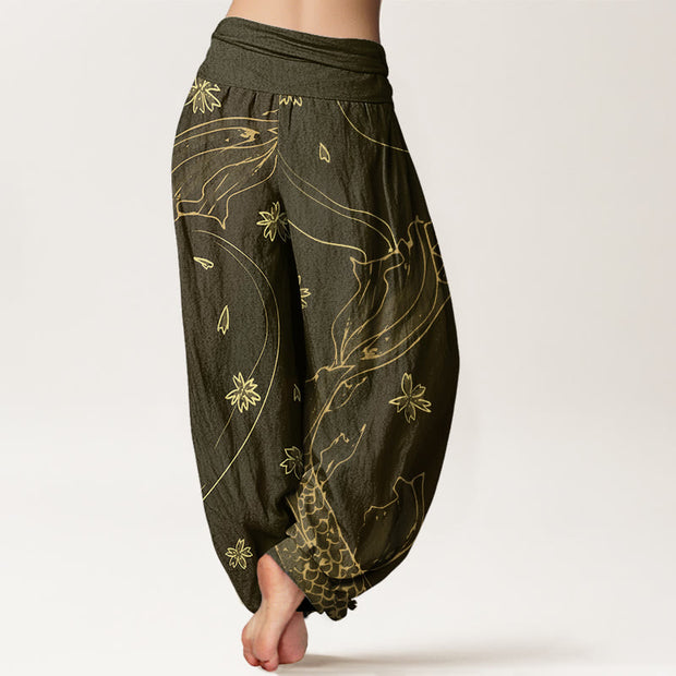 Buddha Stones Casual Koi Fish Cherry Blossom Petal Pattern Women's Elastic Waist Harem Pants - image 7