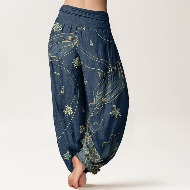 Buddha Stones Casual Koi Fish Cherry Blossom Petal Pattern Women's Elastic Waist Harem Pants - image 10