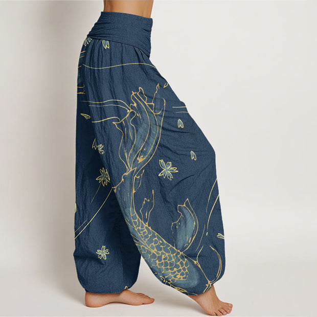 Buddha Stones Casual Koi Fish Cherry Blossom Petal Pattern Women's Elastic Waist Harem Pants - image 9