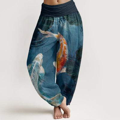 Buddha Stones Casual Koi Fish Lotus Water Ripples Pattern Women's Elastic Waist Harem Pants - SteelBlue - US22，UK/AU26，EU54 (6XL) - image 1