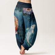 Buddha Stones Casual Koi Fish Lotus Water Ripples Pattern Women's Elastic Waist Harem Pants - image 3