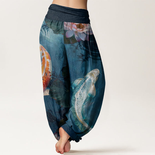 Buddha Stones Casual Koi Fish Lotus Water Ripples Pattern Women's Elastic Waist Harem Pants - image 3