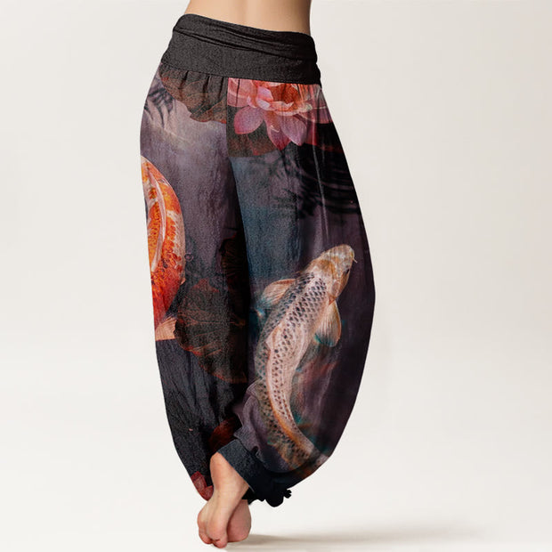 Buddha Stones Casual Koi Fish Lotus Water Ripples Pattern Women's Elastic Waist Harem Pants - image 7