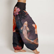 Buddha Stones Casual Koi Fish Lotus Water Ripples Pattern Women's Elastic Waist Harem Pants - image 6