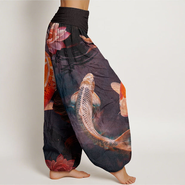 Buddha Stones Casual Koi Fish Lotus Water Ripples Pattern Women's Elastic Waist Harem Pants - image 6