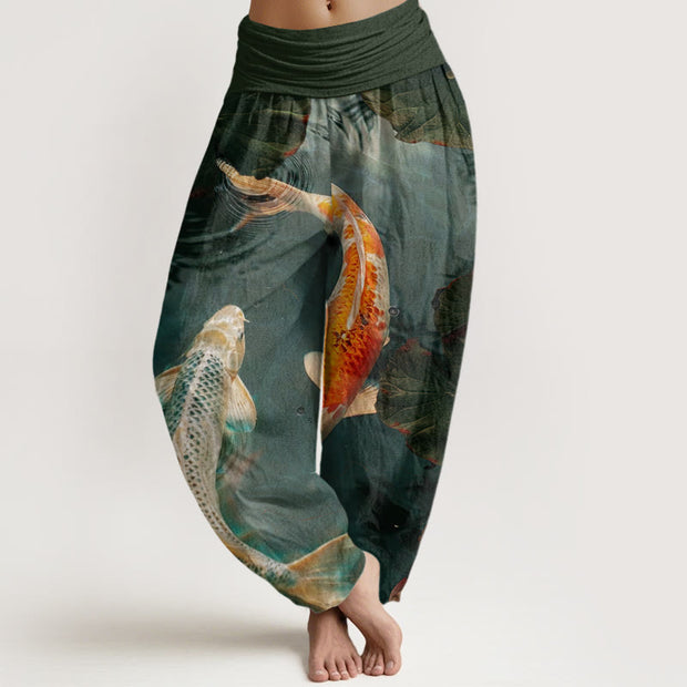 Buddha Stones Casual Koi Fish Lotus Water Ripples Pattern Women's Elastic Waist Harem Pants - DarkSlateGray - US22，UK/AU26，EU54 (6XL) - image 8