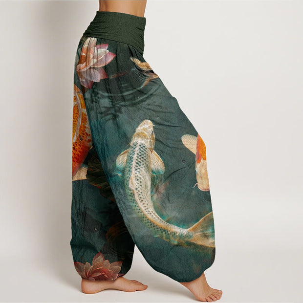 Buddha Stones Casual Koi Fish Lotus Water Ripples Pattern Women's Elastic Waist Harem Pants - image 9