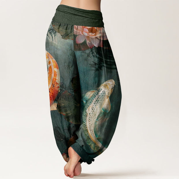 Buddha Stones Casual Koi Fish Lotus Water Ripples Pattern Women's Elastic Waist Harem Pants - image 10