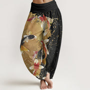 Buddha Stones Casual Koi Fish Gold Ink Background Pattern Women's Elastic Waist Harem Pants - Black - US22，UK/AU26，EU54 (6XL) - image 1