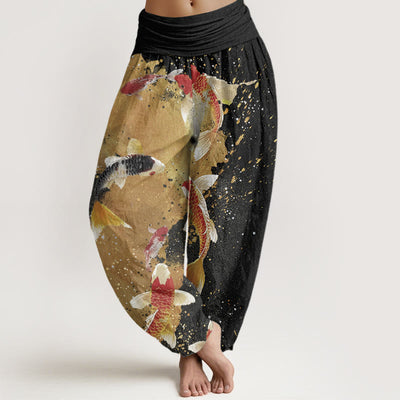 Buddha Stones Casual Koi Fish Gold Ink Background Pattern Women's Elastic Waist Harem Pants - Black - US22，UK/AU26，EU54 (6XL) - image 1