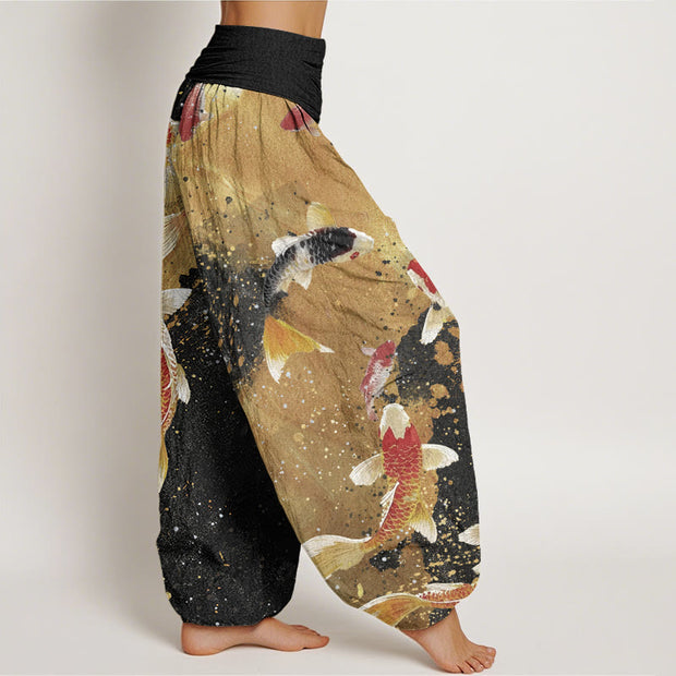 Buddha Stones Casual Koi Fish Gold Ink Background Pattern Women's Elastic Waist Harem Pants - image 3